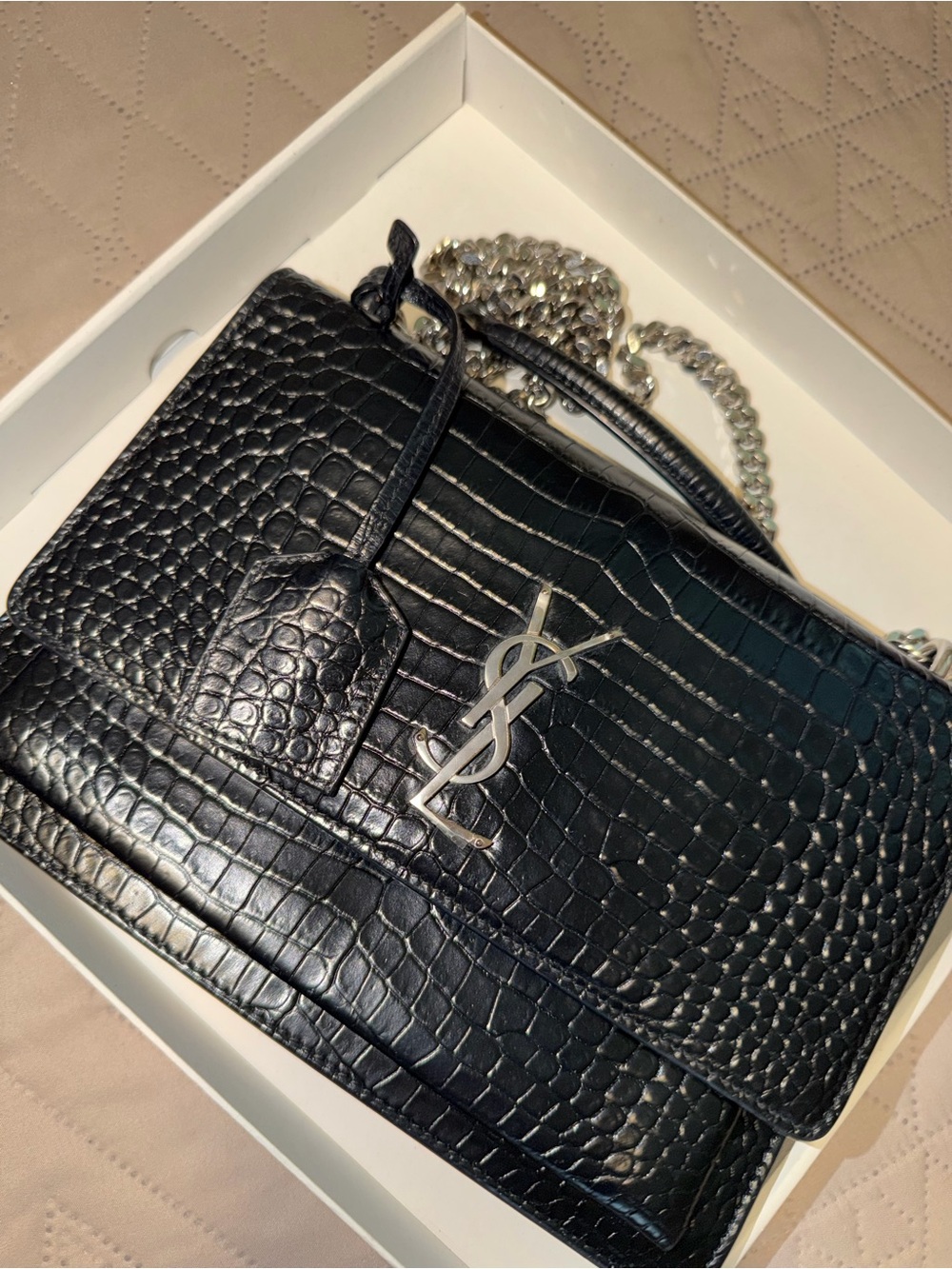 Saint Laurent Sunset Black Croc-Embossed Shoulder Bag with Silver Chain - Picture 9 of 9